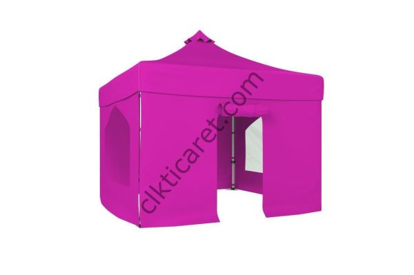 CLK 3x3 52mm Kalın Alüminyum Katlanabilir Tente Gazebo Çadır 4 Yan Kapalı 2 Camlı 1Kapılı Tam Duvarlı Pembe
