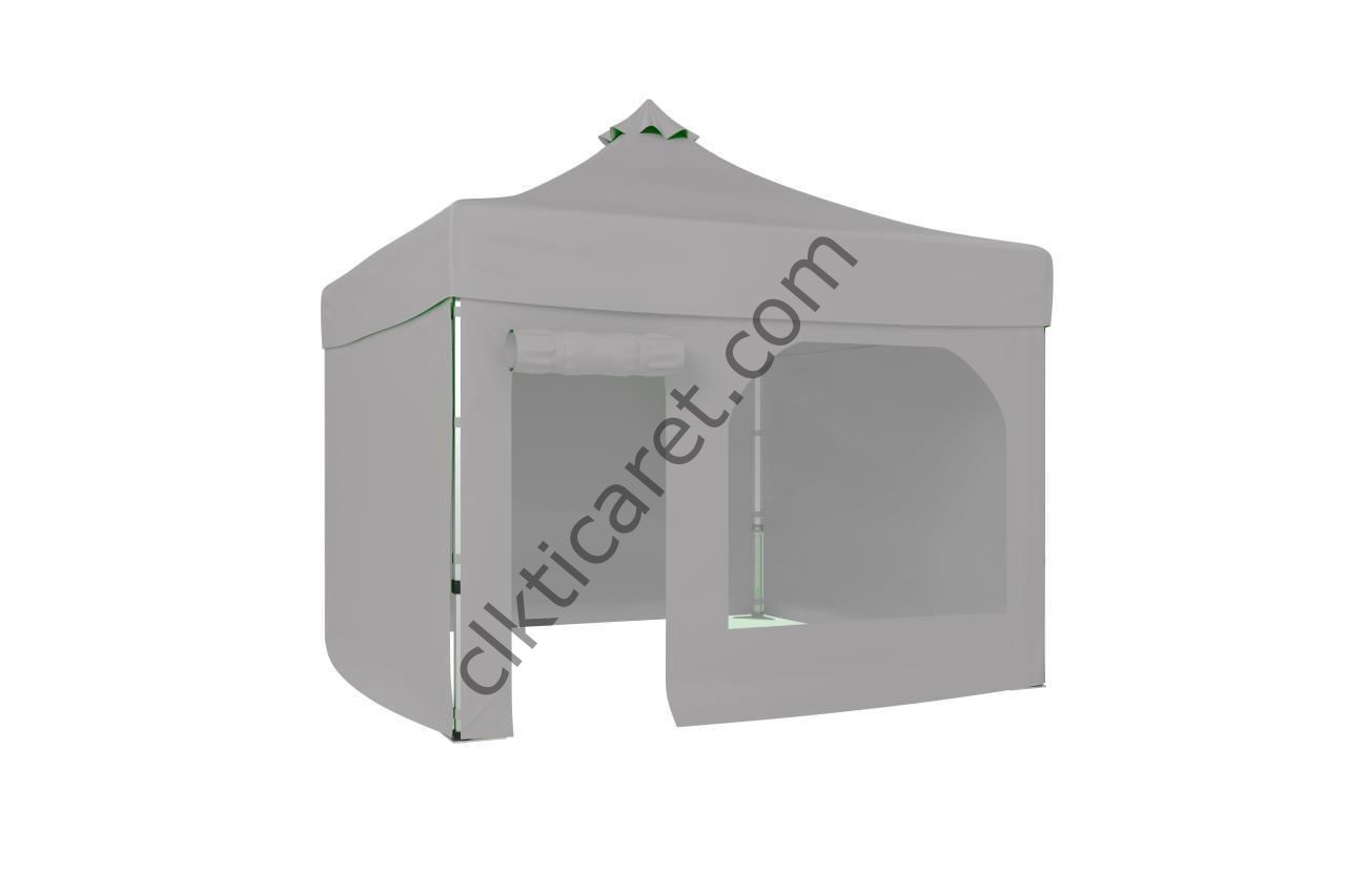 CLK 3x3 52mm Kalın Alüminyum Katlanabilir Tente Gazebo Çadır 4 Yan Kapalı 1 Kapılı Pencereli Tam Duvarlı Açık Gri
