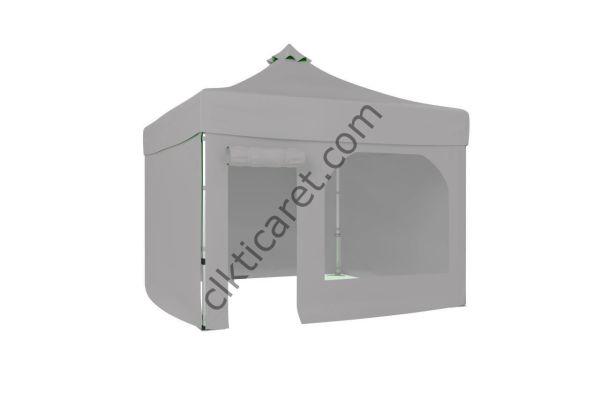 CLK 3x3 52mm Kalın Alüminyum Katlanabilir Tente Gazebo Çadır 4 Yan Kapalı 1 Kapılı Pencereli Tam Duvarlı Açık Gri