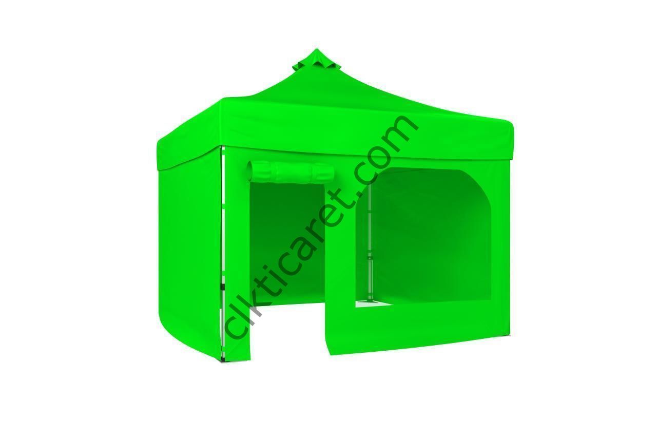CLK 3x3 52mm Kalın Alüminyum Katlanabilir Tente Gazebo Çadır 4 Yan Kapalı 1 Kapılı Pencereli Tam Duvarlı Açık Yeşil