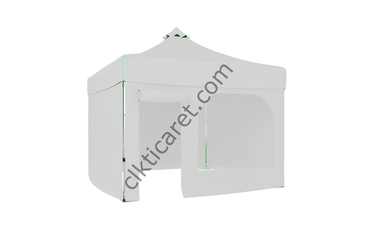 CLK 3x3 52mm Kalın Alüminyum Katlanabilir Tente Gazebo Çadır 4 Yan Kapalı 1 Kapılı Pencereli Tam Duvarlı Beyaz