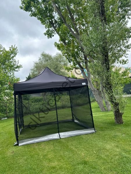CLK 3x3 Gazebo 30 mm Porfil Bungalow Dekoratif Garden Model Sineklikli Perde Katlanır Portatif Bahçe Çadır Tente Çardak Açık Mavi (Turkuaz)