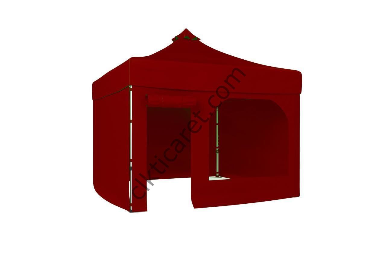 CLK 3x3 52mm Kalın Alüminyum Katlanabilir Tente Gazebo Çadır 4 Yan Kapalı 1 Kapılı Pencereli Tam Duvarlı Bordo