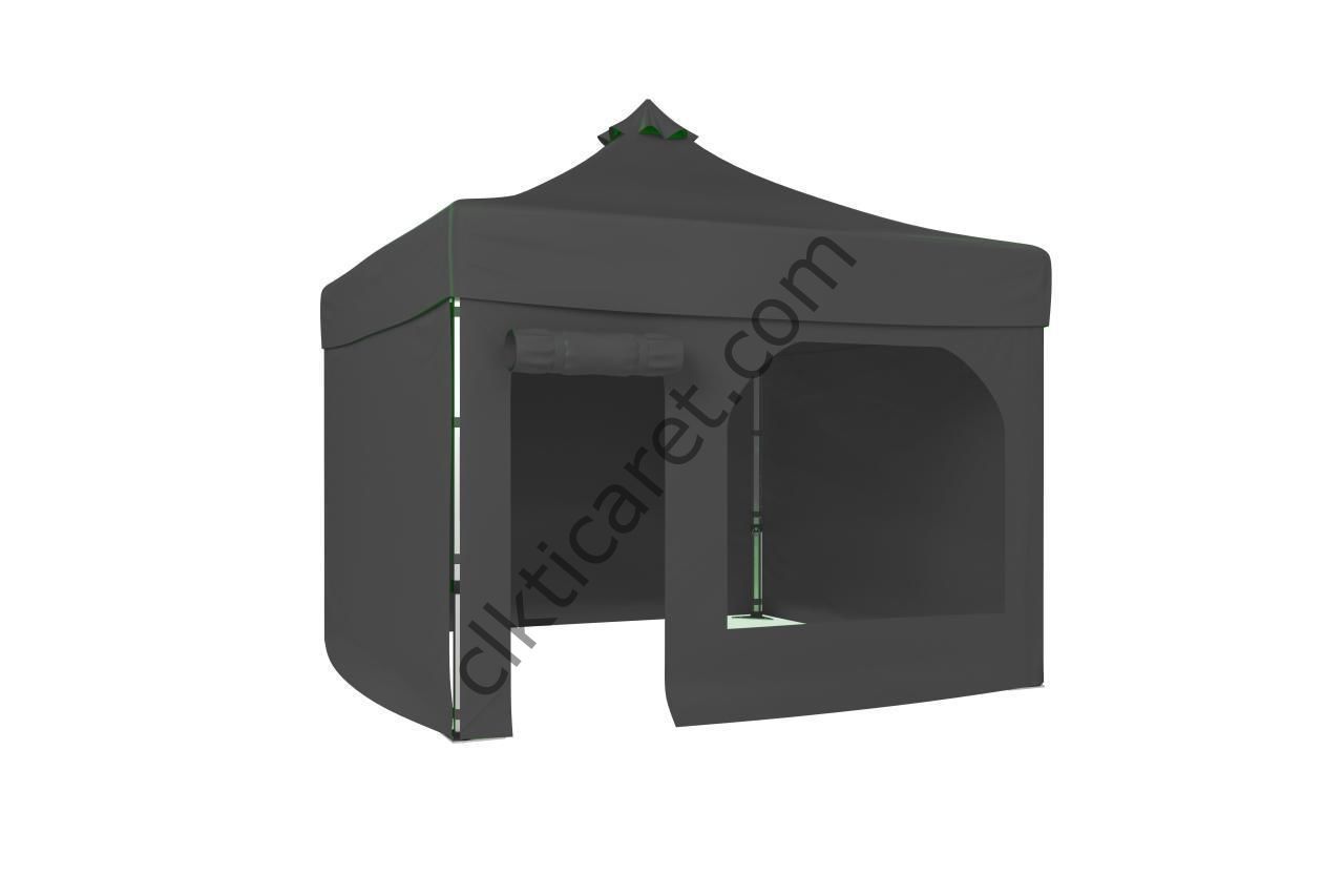CLK 3x3 52mm Kalın Alüminyum Katlanabilir Tente Gazebo Çadır 4 Yan Kapalı 1 Kapılı Pencereli Tam Duvarlı Gri