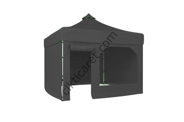 CLK 3x3 52mm Kalın Alüminyum Katlanabilir Tente Gazebo Çadır 4 Yan Kapalı 1 Kapılı Pencereli Tam Duvarlı Gri