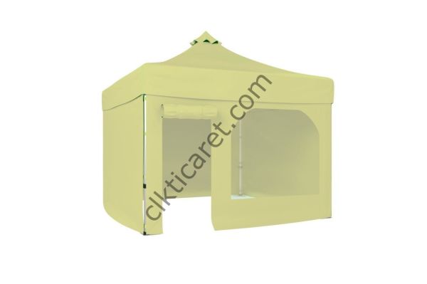 CLK 3x3 52mm Kalın Alüminyum Katlanabilir Tente Gazebo Çadır 4 Yan Kapalı 1 Kapılı Pencereli Tam Duvarlı Krem