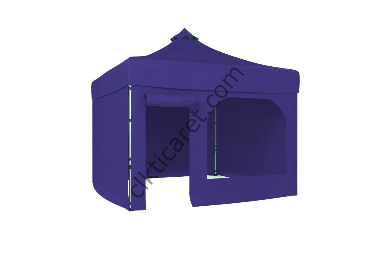 CLK 3x3 52mm Kalın Alüminyum Katlanabilir Tente Gazebo Çadır 4 Yan Kapalı 1 Kapılı Pencereli Tam Duvarlı Lacivert