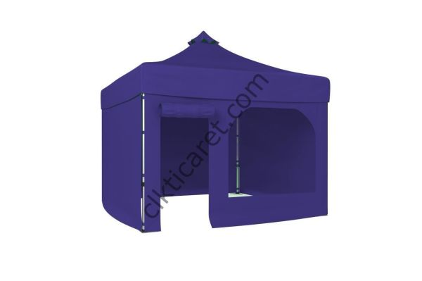 CLK 3x3 52mm Kalın Alüminyum Katlanabilir Tente Gazebo Çadır 4 Yan Kapalı 1 Kapılı Pencereli Tam Duvarlı Lacivert