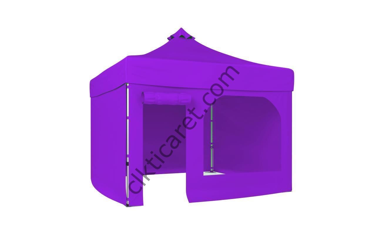 CLK 3x3 52mm Kalın Alüminyum Katlanabilir Tente Gazebo Çadır 4 Yan Kapalı 1 Kapılı Pencereli Tam Duvarlı Lila