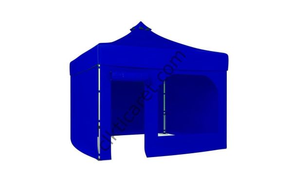 CLK 3x3 52mm Kalın Alüminyum Katlanabilir Tente Gazebo Çadır 4 Yan Kapalı 1 Kapılı Pencereli Tam Duvarlı Saks Mavi