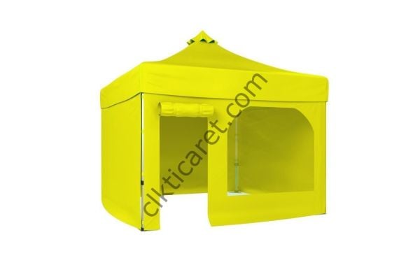 CLK 3x3 52mm Kalın Alüminyum Katlanabilir Tente Gazebo Çadır 4 Yan Kapalı 1 Kapılı Pencereli Tam Duvarlı Sarı