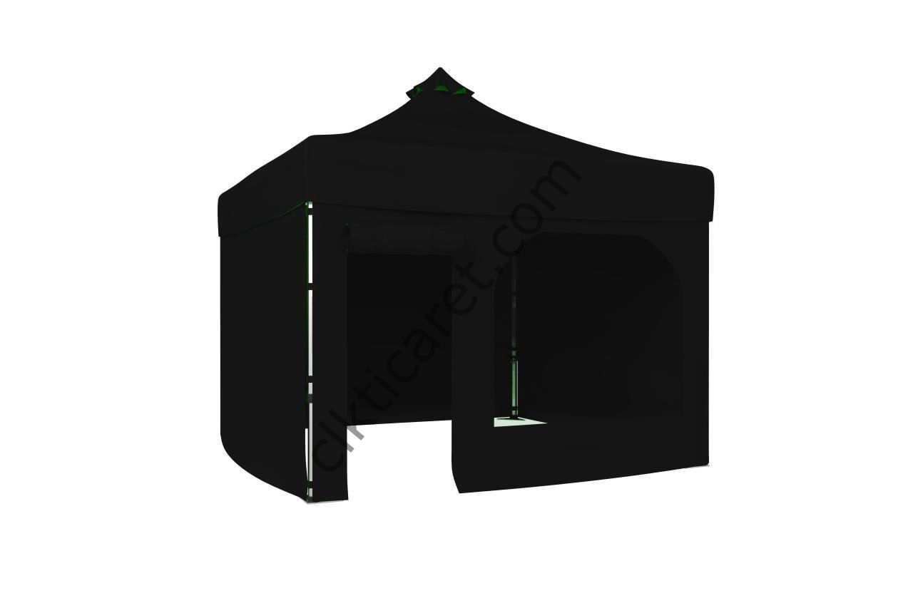 CLK 3x3 52mm Kalın Alüminyum Katlanabilir Tente Gazebo Çadır 4 Yan Kapalı 1 Kapılı Pencereli Tam Duvarlı Siyah