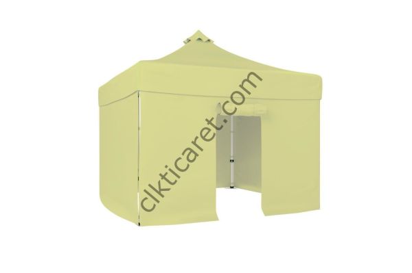 CLK 3x3 52mm Kalın Alüminyum Katlanabilir Tente Gazebo Çadır 4 Yan Kapalı 1 Kapılı Çadır Krem