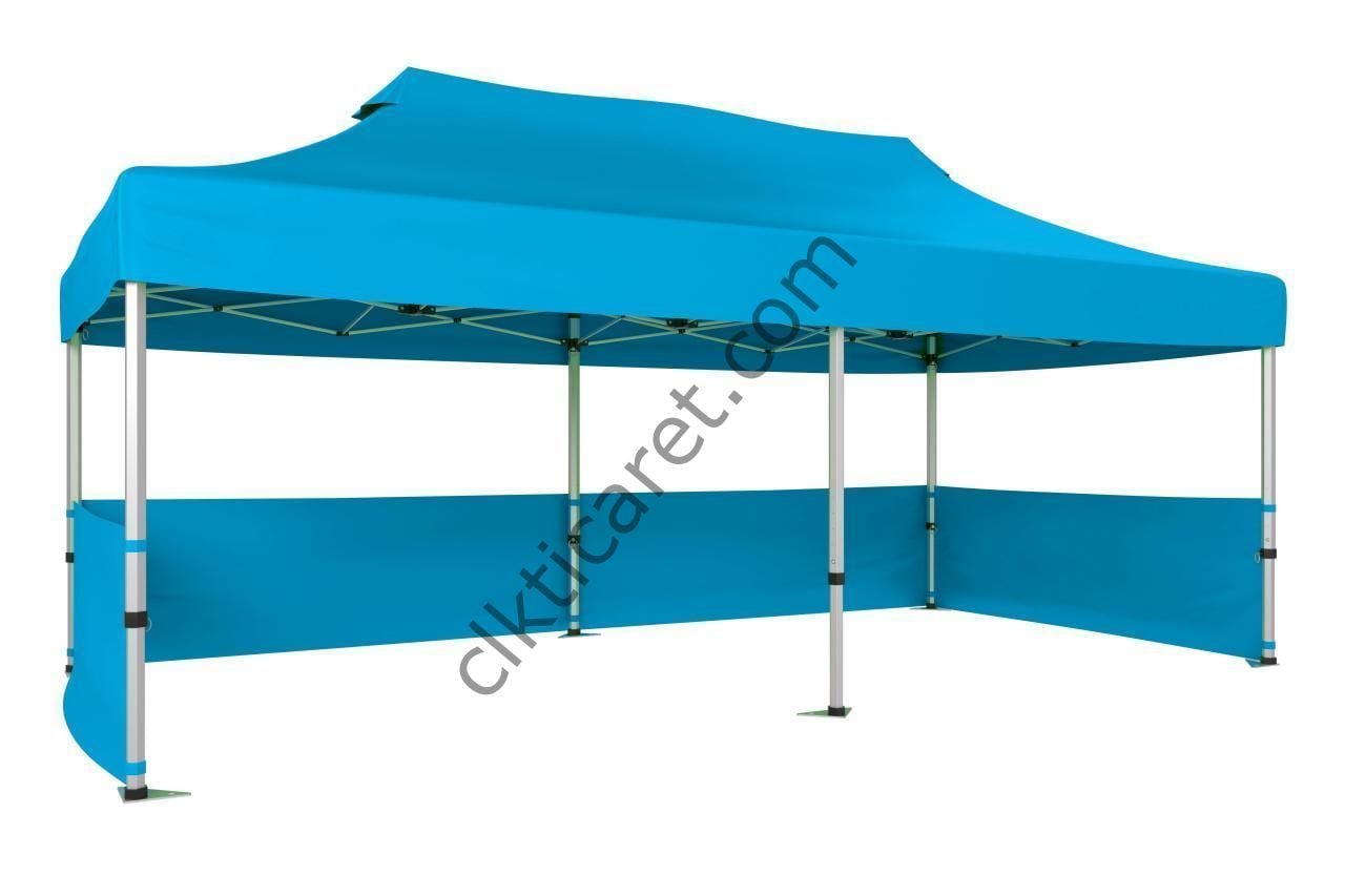 CLK 3x6 Katlanabilir Tente Gazebo Portatif Çadır 30 mm 3 Kenar Yarım Duvarlı Açık Mavi (Turkuaz)