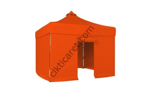 CLK 3x3 52mm Kalın Alüminyum Katlanabilir Tente Gazebo Çadır 4 Yan Kapalı 1 Kapılı Çadır Turuncu