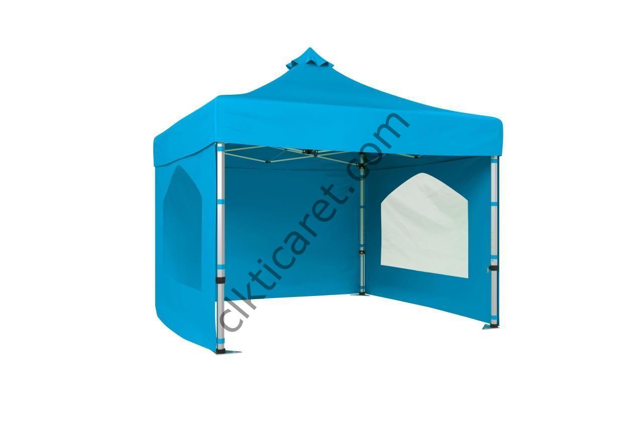 CLK 3x3 52mm Kalın Alüminyum Katlanabilir Tente Gazebo Çadır 3 Kenar Kapalı 2 Camlı Açık Mavi (Turkuaz)