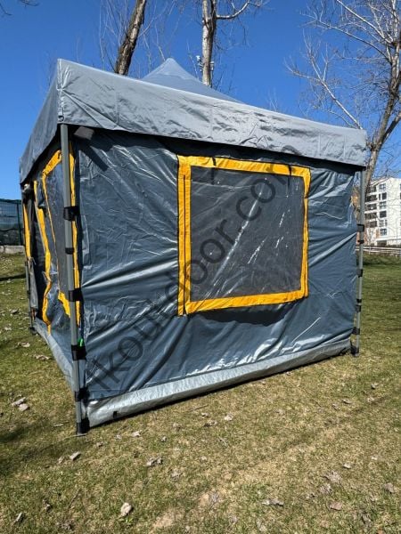 CLK 3x3 mt Yeni Nesil 2 Kapı 4 Pencere 40 mm Kısa Bagaj Boy 115 cm Gazebo Portatif Kamp Çadırı Gri Beyaz