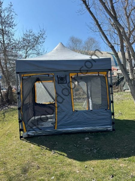 CLK 3x3 mt Yeni Nesil 2 Kapı 4 Pencere 40 mm Kısa Bagaj Boy 115 cm Gazebo Portatif Kamp Çadırı Gri Turuncu