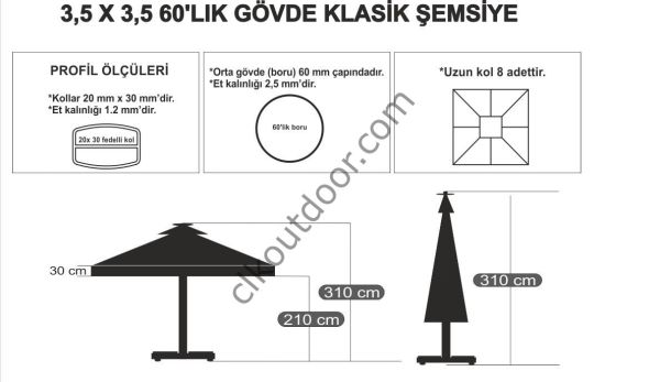 CLK 3,5x3,5 Metre Bacalı Mega Q60 Şemsiye Bahçe Cafe Havuz Otel Restorant Şemsiyeleri Beyaz - İstemiyorum