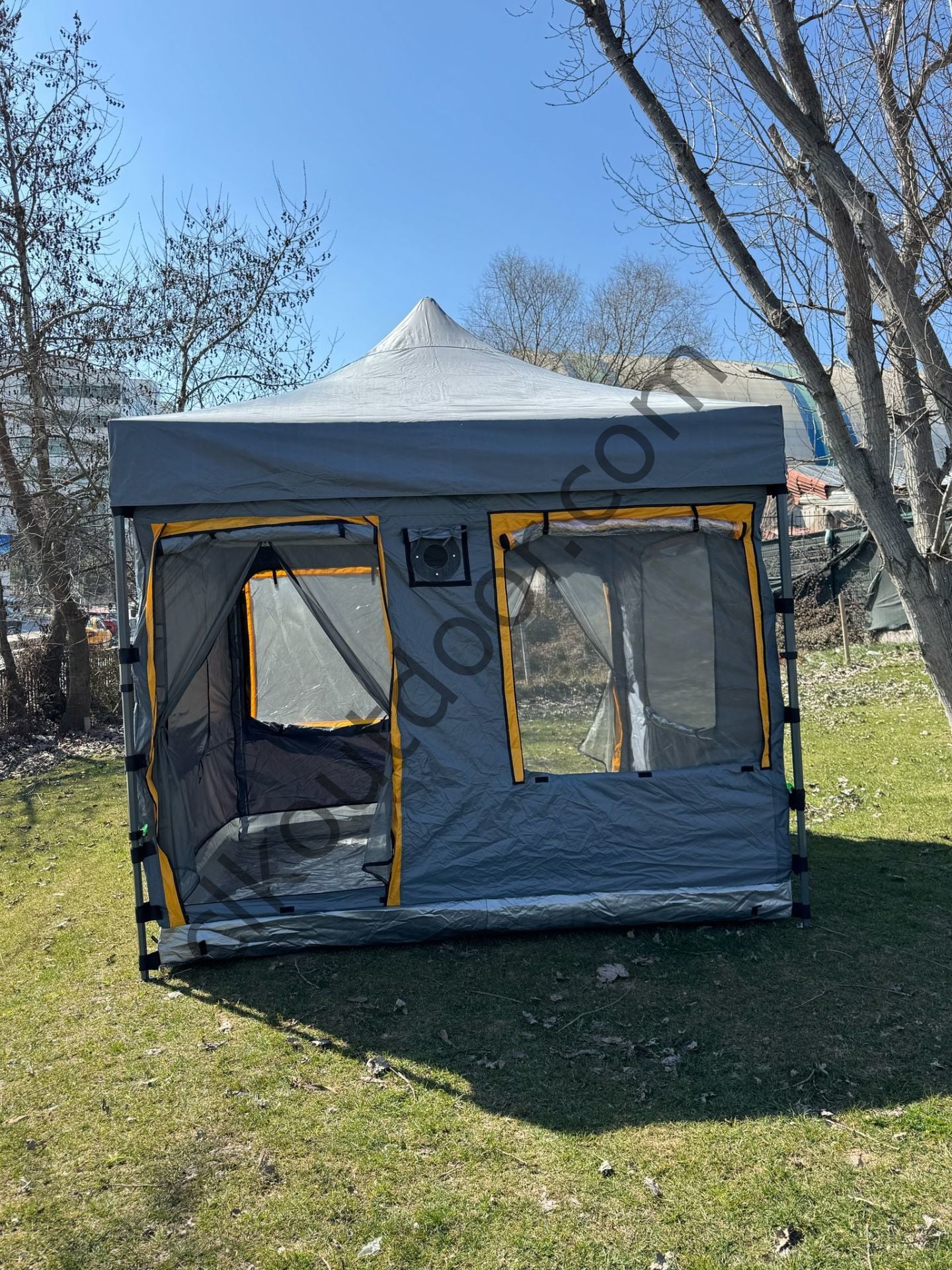 CLK 3x3 mt Yeni Nesil 2 Kapı 4 Pencere 40 mm Kısa Bagaj Boy 115 cm Gazebo Portatif Kamp Çadırı Gri Kamuflaj Desen