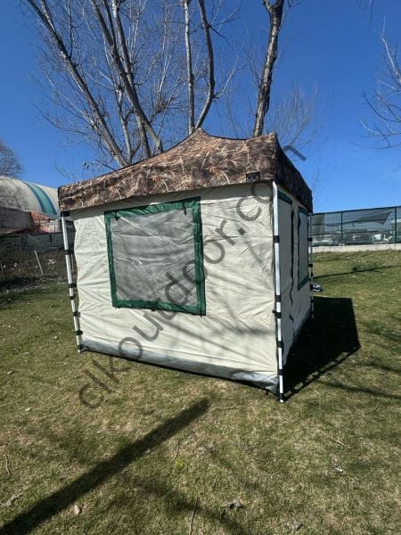 CLK 3x3 mt Yeni Nesil 2 Kapı 4 Pencere 40 mm Kısa Bagaj Boy 115 cm Gazebo Portatif Kamp Çadırı Krem Beyaz