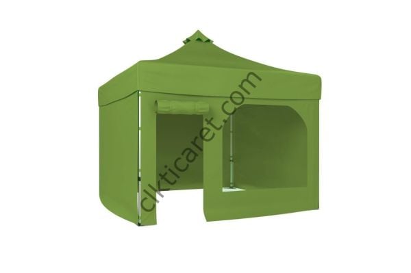 CLK 3x3 40mm Alüminyum Katlanabilir Tente Gazebo Çadır 4 Yan Kapalı 1 Kapılı Pencereli Tam Duvarlı Haki Askeri Yeşil