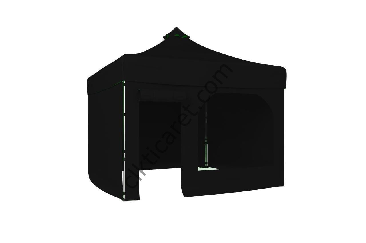 CLK 3x3 40mm Alüminyum Katlanabilir Tente Gazebo Çadır 4 Yan Kapalı 1 Kapılı Pencereli Tam Duvarlı Siyah
