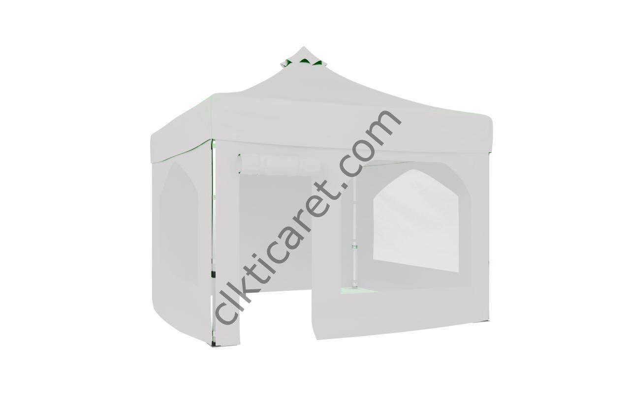 CLK 3x3 40mm Alüminyum Katlanabilir Tente Gazebo Çadır 4 Yan Kapalı 2 Camlı 1 Kapılı Pencereli Tam Duvarlı Beyaz