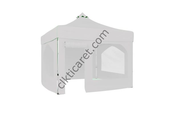 CLK 3x3 40mm Alüminyum Katlanabilir Tente Gazebo Çadır 4 Yan Kapalı 2 Camlı 1 Kapılı Pencereli Tam Duvarlı Beyaz
