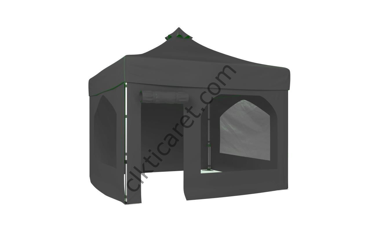 CLK 3x3 40mm Alüminyum Katlanabilir Tente Gazebo Çadır 4 Yan Kapalı 2 Camlı 1 Kapılı Pencereli Tam Duvarlı Gri