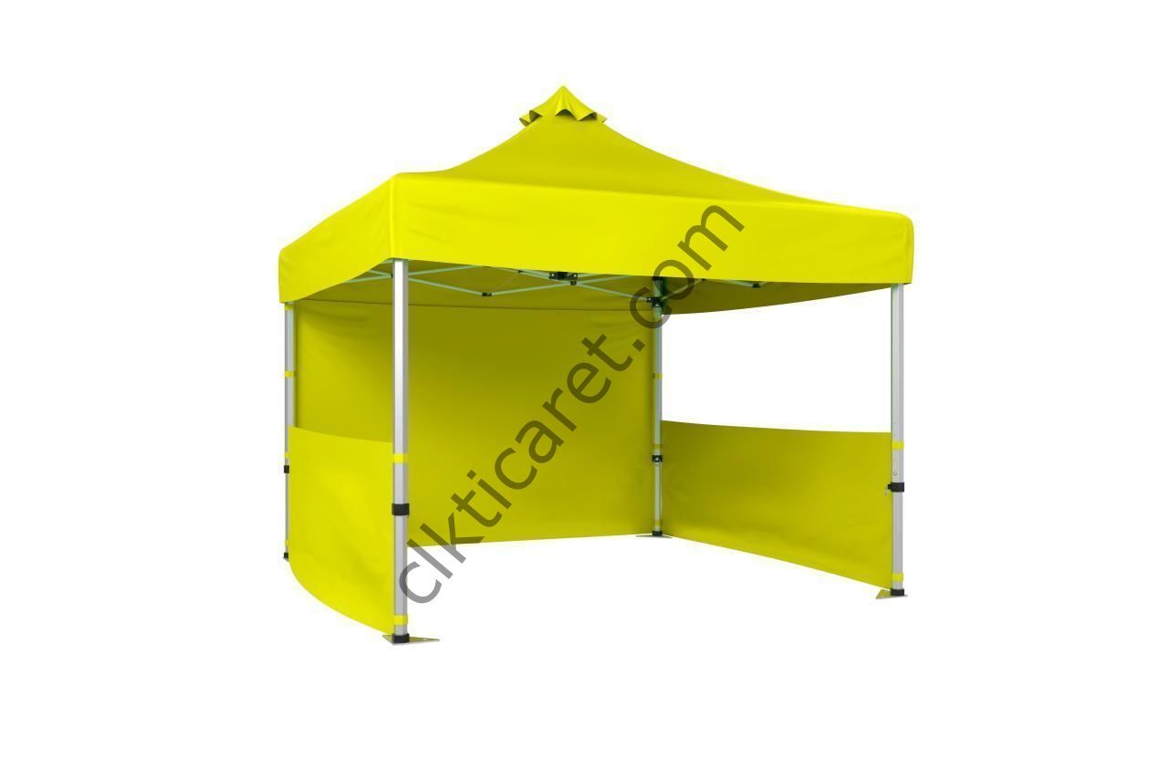 CLK 3x3 52mm Kalın Alüminyum Katlanabilir Tente Gazebo Çadır 2 Yarım Duvar 1 Tam Duvarlı Sarı