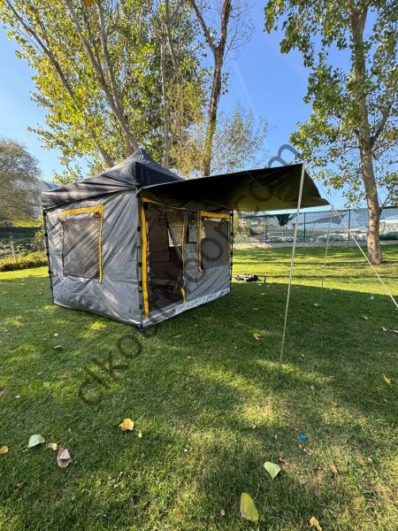 CLK 3x3 mt Yeni Nesil 2 Kapı 4 Pencere TENTELİ 40 mm Kısa Bagaj Boy 115 cm Gazebo Portatif Kamp Çadırı Gri Kamuflaj Desen