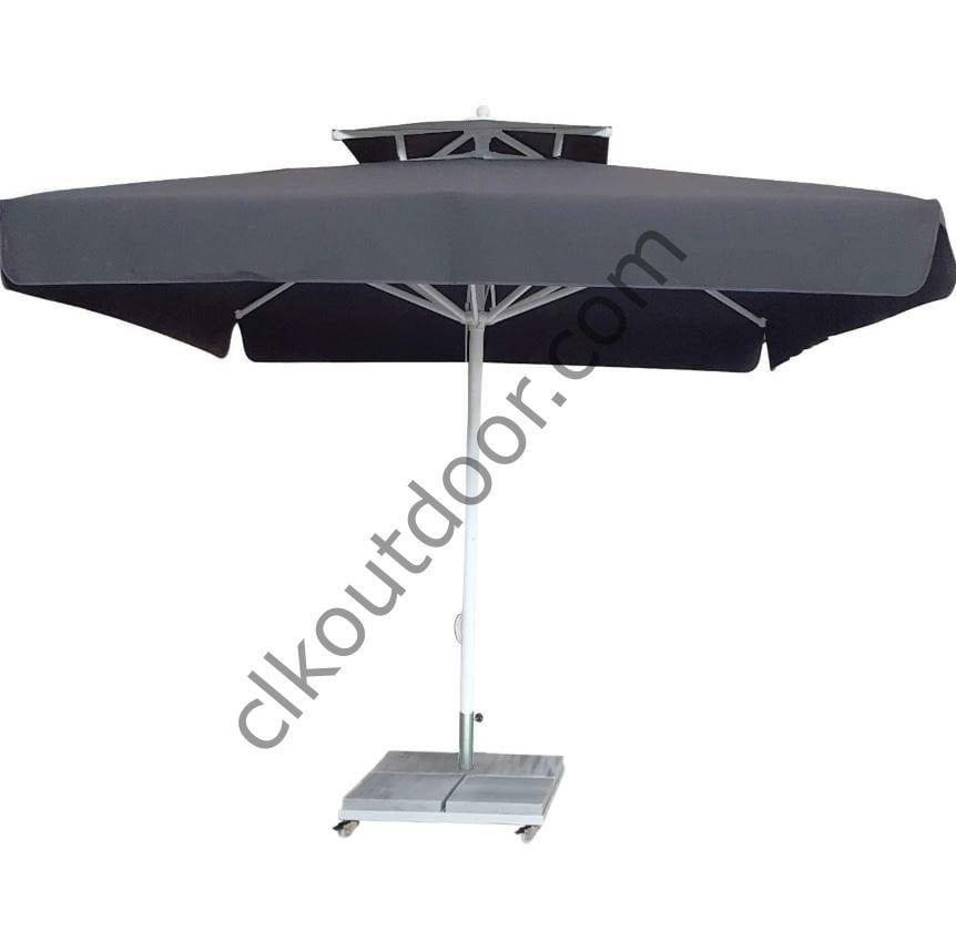 CLK 3,5x3,5 Metre Bacalı Mega Q60 Şemsiye Bahçe Cafe Havuz Otel Restorant Şemsiyeleri Sarı - Metal Hareketli Ayak 4 Mermerli (70x70cm 120 kg)