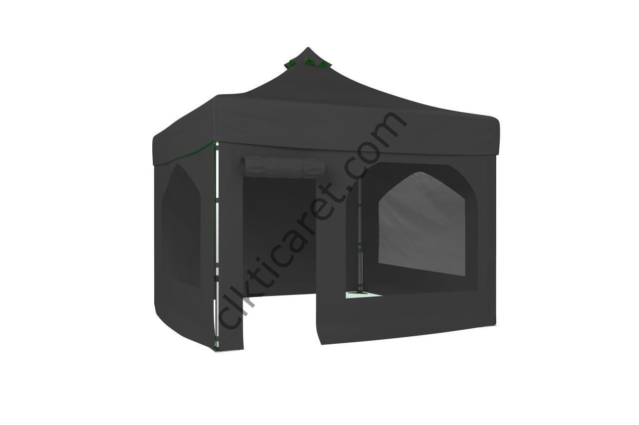 CLK 3x3 40mm Alüminyum Katlanabilir Tente Gazebo Çadır 4 Yan Kapalı 2 Camlı 1 Kapılı Pencereli Tam Duvarlı Siyah