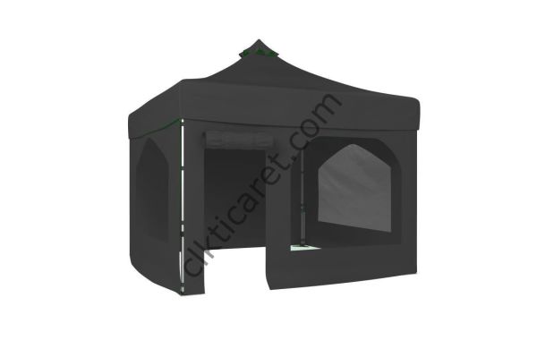 CLK 3x3 40mm Alüminyum Katlanabilir Tente Gazebo Çadır 4 Yan Kapalı 2 Camlı 1 Kapılı Pencereli Tam Duvarlı Siyah