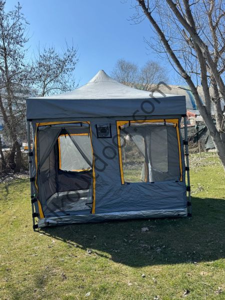 CLK 3x3 Metre 30 mm Profil Yeni Nesil 2 Kapı 4 Sineklikli  Portatif Katlanır Portatif Gazebo Kamp Çadır Gri Lacivert