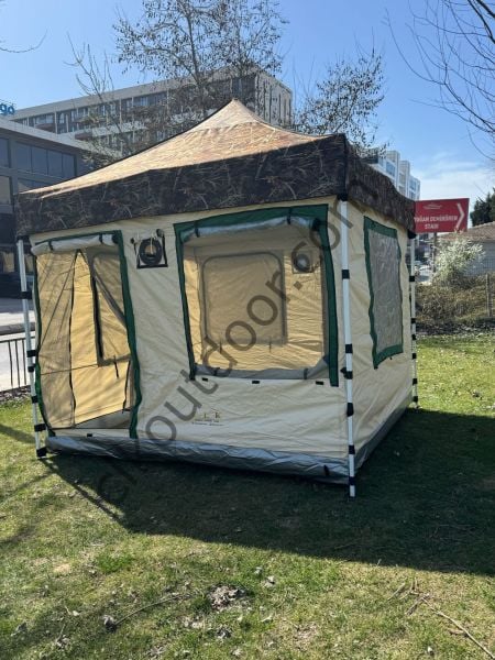 CLK 3x3 Metre 30 mm Profil Yeni Nesil 2 Kapı 4 Sineklikli  Portatif Katlanır Portatif Gazebo Kamp Çadır Krem Sarı