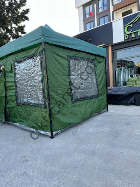 CLK 3x3 40 mm Profil Katlanır Gazebo Portatif Kamp Çadır Haki Yeşil Kamuflaj Detay Sarı