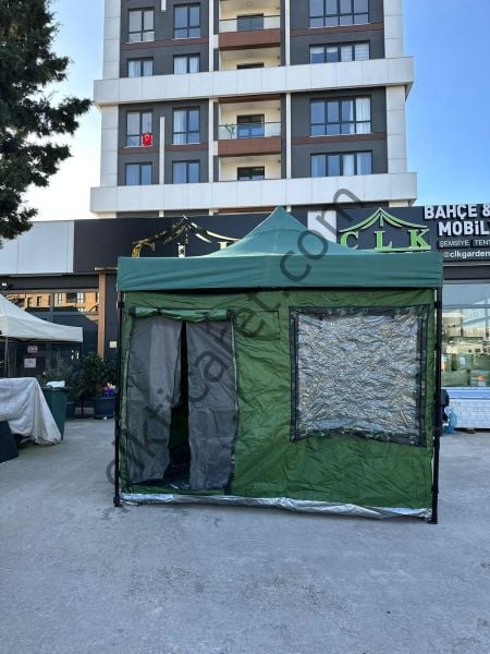CLK 3x3 40 mm Profil Katlanır Gazebo Portatif Kamp Çadır Haki Yeşil Kamuflaj Detay Sarı