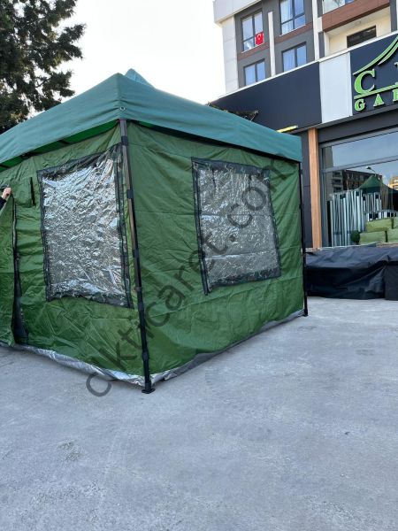 CLK 3x3 40 mm Profil Katlanır Gazebo Portatif Kamp Çadır Haki Yeşil Kamuflaj Detay Beyaz