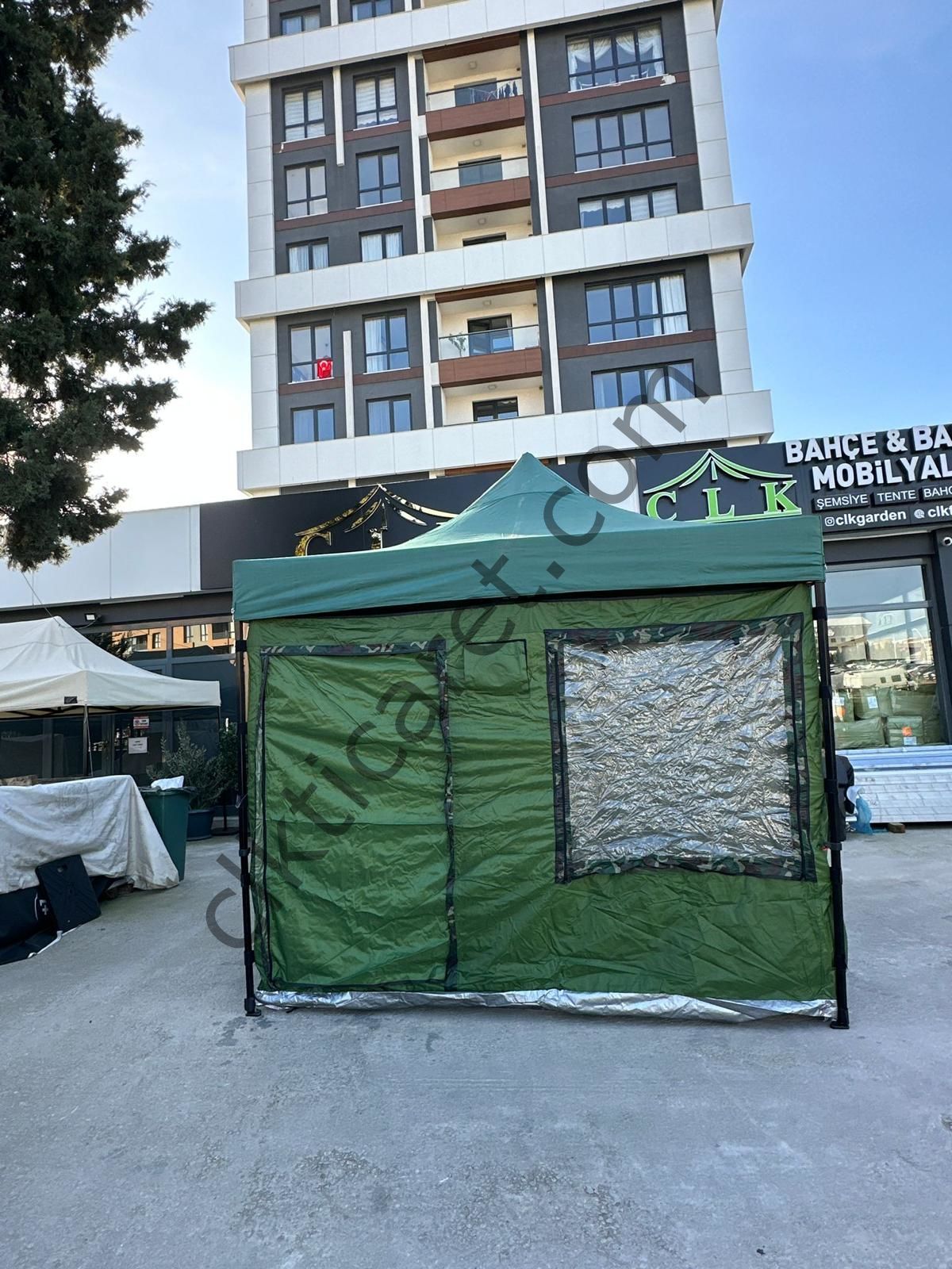 CLK 3x3 40 mm Profil Katlanır Gazebo Portatif Kamp Çadır Haki Yeşil Kamuflaj Detay Açık Gri