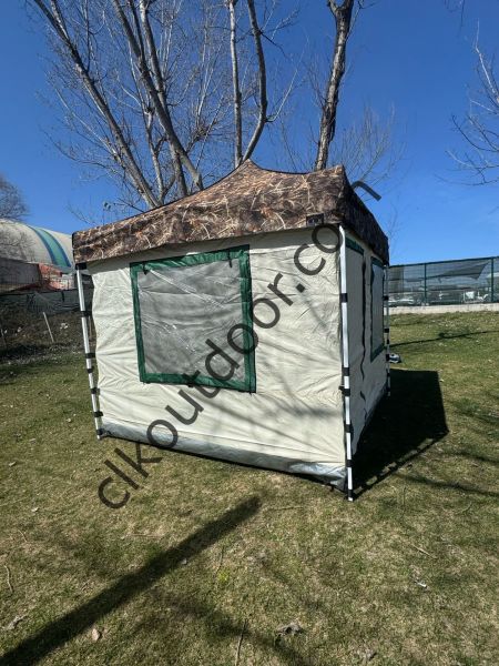CLK 3x3 mt 40 mm Yeni Nesil 2 Kapı 4 Pencere Gazebo Portatif Kamp Çadırı Krem Haki Askeri Yeşil