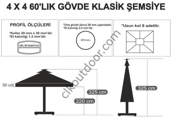 CLK 4x4 Metre Bacalı Mega Q60 Şemsiye Bahçe Cafe Havuz Otel Restorant Şemsiyeleri Saks Mavi - Flanş