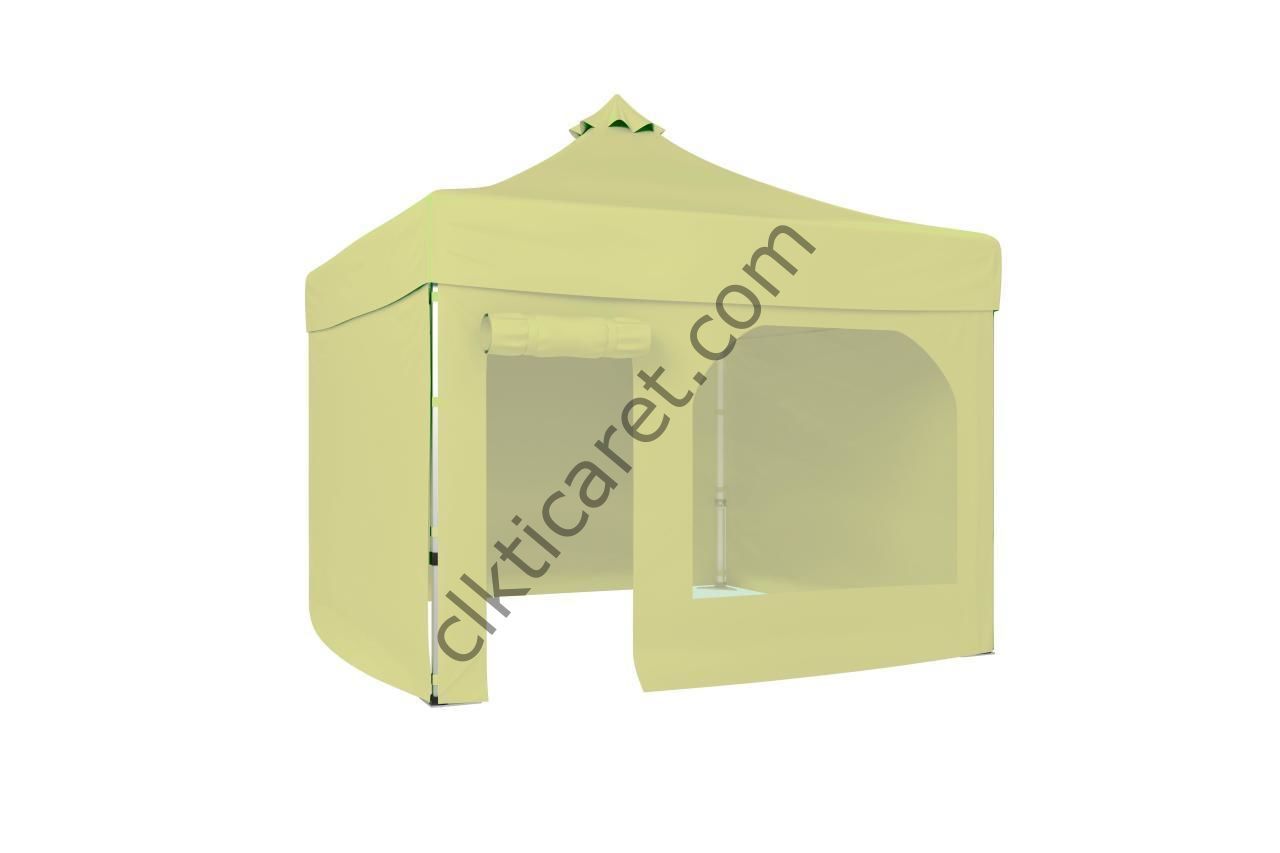 CLK 5x5 52mm Kalın Alüminyum Katlanabilir Tente Gazebo Çadır 3 Kenar Kapalı 1 Yan Kapı ve Pencereli Krem