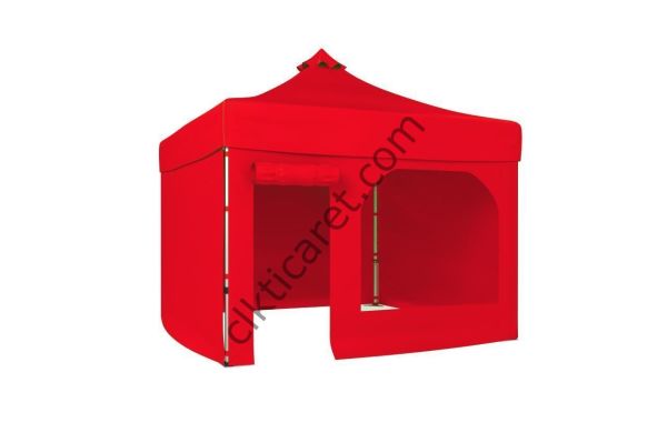 CLK 5x5 52mm Kalın Alüminyum Katlanabilir Tente Gazebo Çadır 3 Kenar Kapalı 1 Yan Kapı ve Pencereli Kırmızı