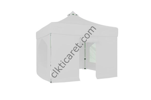 CLK 3x3 40mm Alüminyum Katlanabilir Tente Gazebo Çadır 4 Yan Kapalı 2 Camlı 1Kapılı Tam Duvarlı Beyaz