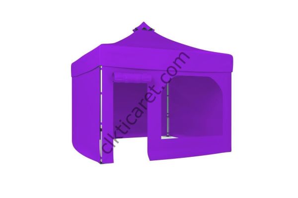 CLK 5x5 52mm Kalın Alüminyum Katlanabilir Tente Gazebo Çadır 3 Kenar Kapalı 1 Yan Kapı ve Pencereli Lila