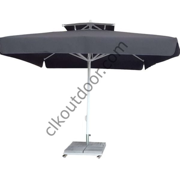 CLK 4x4 Metre Bacalı Mega Q60 Şemsiye Bahçe Cafe Havuz Otel Restorant Şemsiyeleri Gri - Metal Hareketli Ayak 4 Mermerli (70x70cm 120 kg)