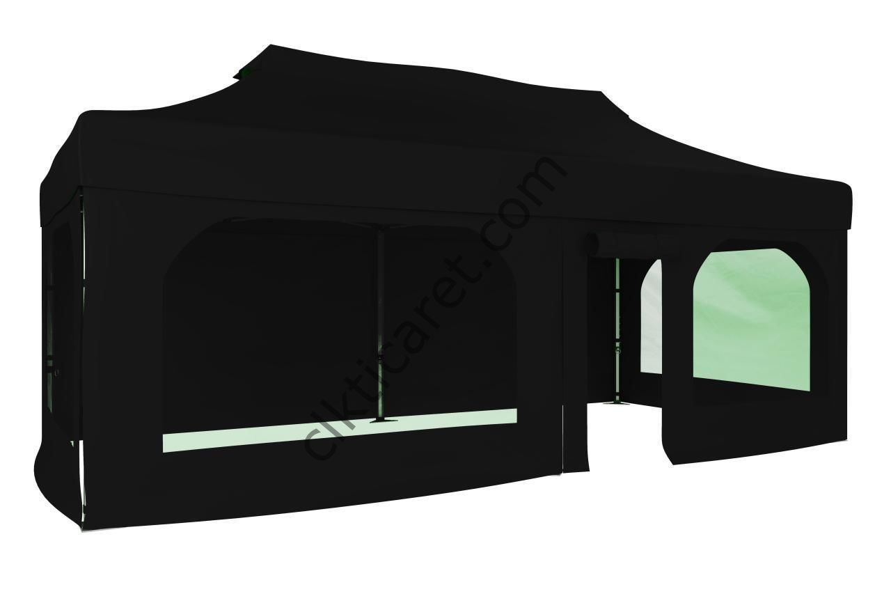CLK 3x6 40 mm Katlanabilir Tente Gazebo Çadır Gazebo Çadır 2 Yan Pencereli 1 Yan Aksesuarsız 1 Yan Kapı ve Pencereli Siyah