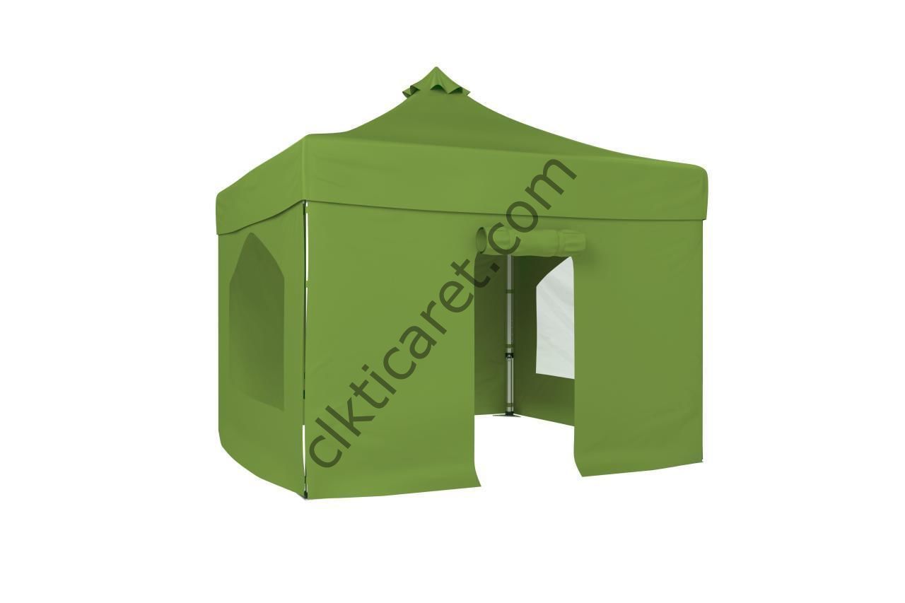 CLK 3x3 40mm Alüminyum Katlanabilir Tente Gazebo Çadır 4 Yan Kapalı 2 Camlı 1Kapılı Tam Duvarlı Haki Askeri Yeşil